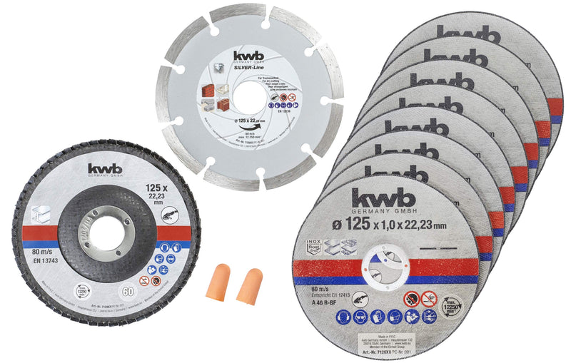 kwb thin cutting discs + diamond and grinding disc Ø 125 mm for angle grinders, cutting disc for stainless steel INOX in storage box including ear plugs DIM. 125 x 1 x 22.23, 10 pieces (pack of 1)