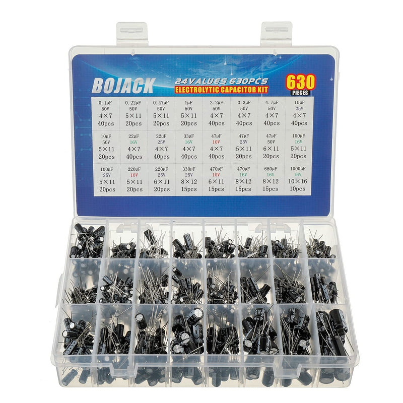 BOJACK 24 worth 630 pieces capacitor electrolytic capacitor assortment kit including model number 0.1uF-1000uF
