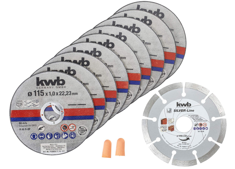 kwb cutting discs + diamond disc, Ø thin diamond angle grinder 115 mm cutting disc for stainless steel INOX in storage box including ear plugs 115 x 1 x 22.23, Ø