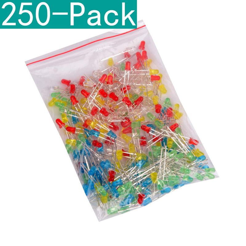 Youmile 250-Pack (5 Colors x 50-Pack) 3mm LED Light Diode Lamp Diffuse Assorted Kit (White Red Green Blue Yellow)