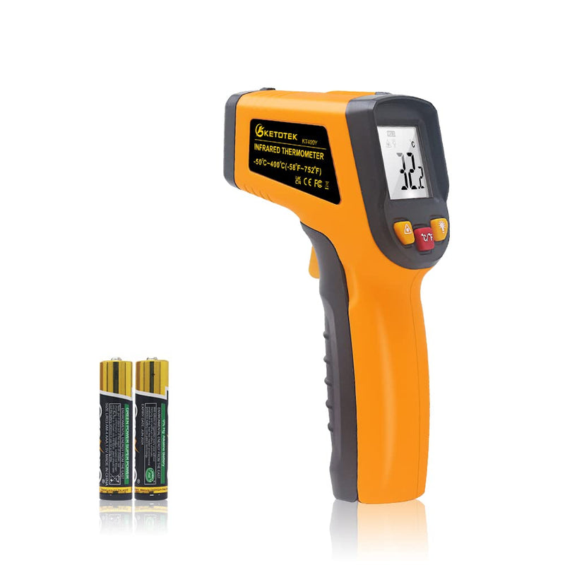 KETOTEK Infrared Thermometer Laser Digital IR Pyrometer Non-Contact Temperature Gun -50°C to 400°C Temperature Meter for Cooking Barbecue Freezer Industry Food Orange