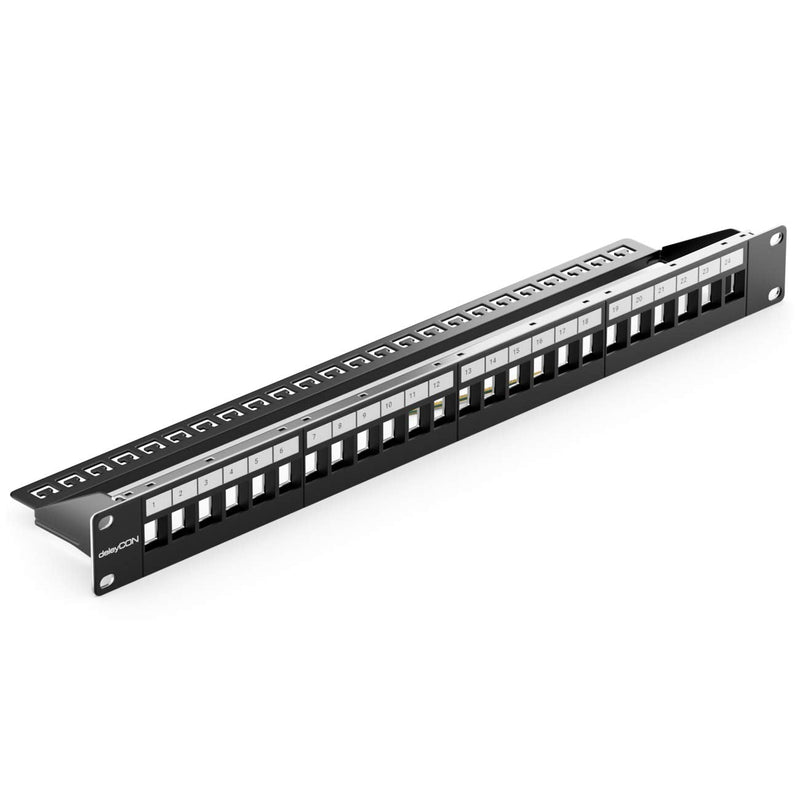 deleyCON 24 port patch panel patch field modular for Keystone modules 1 U 19" inch rack installation compatible CAT5 CAT6 CAT7 CAT8 LAN network installation cable black
