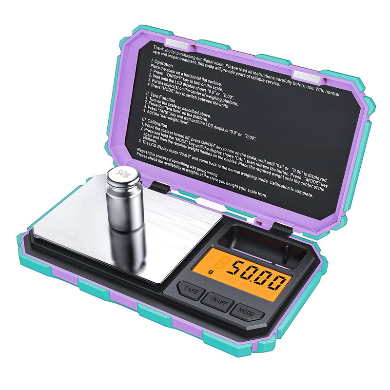 Brifit fine scales 0.01 g, pocket scales 200g/0.01 g, digital pocket scales, gold scales, coin scales, with a 50g stainless steel calibration weight, high-contrast LCD, tare function, auto off function, mint green mint green
