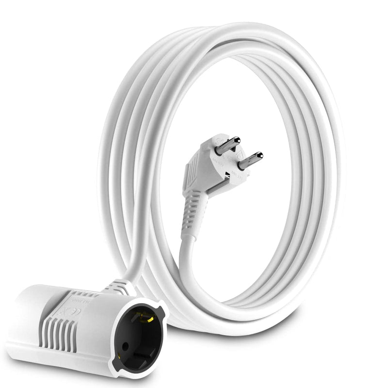 MutecPower 5 meter extension cable with 2-way Schuko double sockets - angled EU extension IP20 protective contact plugs and couplings - up to 250V 50Hz 16A - 5m white, male-female