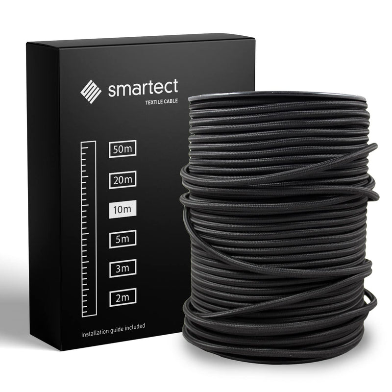 smartect textile cable black, 10 meters vintage lamp cable fabric, 3-wire (3 x 0.75 mm²) power cable textile-coated for your own DIY project