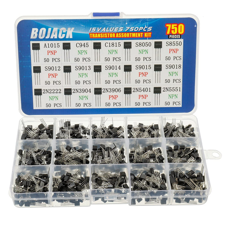 BoJack 15 Values 750pcs A1015 C945 C1815 S8050 S8550 S9012 S9013 S9014 S9015 S9018 2N222 2N3904 2N3906 2N54 01 2N 5551 PNP NPN Power General Purpose Transistor Set