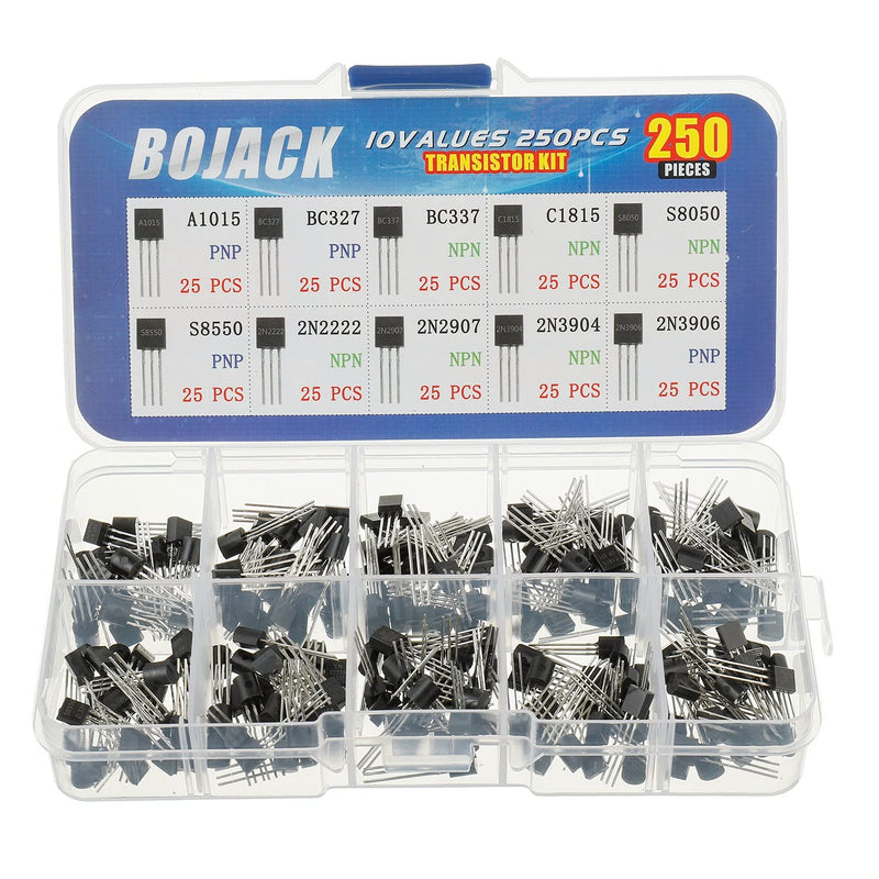 Bojack 10 Values 250pcs A1015 / BC327 / BC337 / C1815 / S8050 / S8550 / 2N222 / 2N2907 / 2N3904 / 2N3906 / PNP / NPN Power General Purpose Transistors Assortment Kit