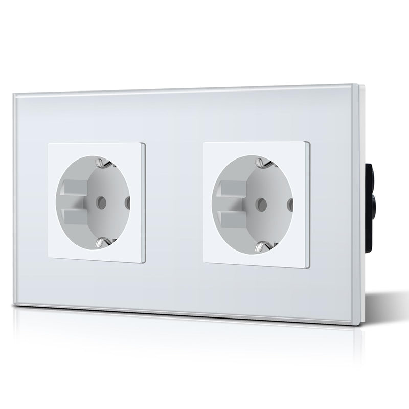 BSEED Schuko socket 2 compartment EU standard double socket wall socket crystal glass plate 16 Amp 250 V extension sockets 157 mm white