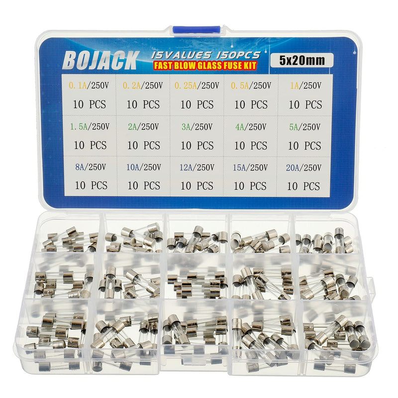BOJACK 15 Values 150pcs Quick Blow Glass Fuses Assortment Set 5x20mm Fuse 250V Fuses 0.1 0.2 0.25 0.5 1 1.5 2 3 4 5 8 10 12 15 20A Packaging in a Clear Plastic Box 5x20mm Fuse “F”
