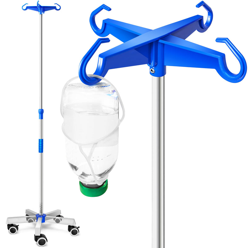 AIESI® IV stand made of STAINLESS STEEL with 4 plastic hooks and rotating wheels with brakes, free 2 bottle holders 100 ml, guarantee 24 months