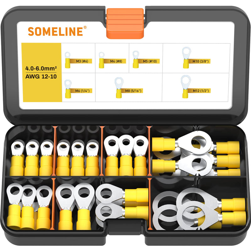 Ring cable lugs 4-6mm² cable lugs set yellow hole Ø M3 M4 M5 M6 M8 M10 M12 crimp connector partially insulated PVC cable connector made of tin-plated copper SOMELINE® ring cable lugs 7 size 38 pieces 4-6mm² ring cable lugs