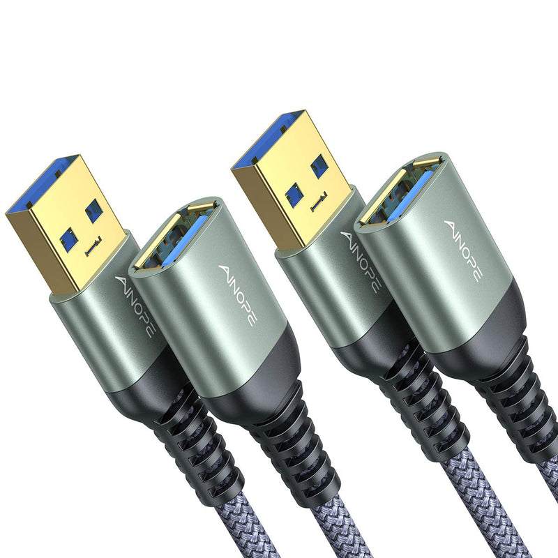 Pack of 2 2M USB extension cable AINOPE USB 3.0 extension cable A male to A female with elegant aluminum plugs, nylon fabric jacket for card reader, keyboard, printer, scanner, camera 2M+2M Gray