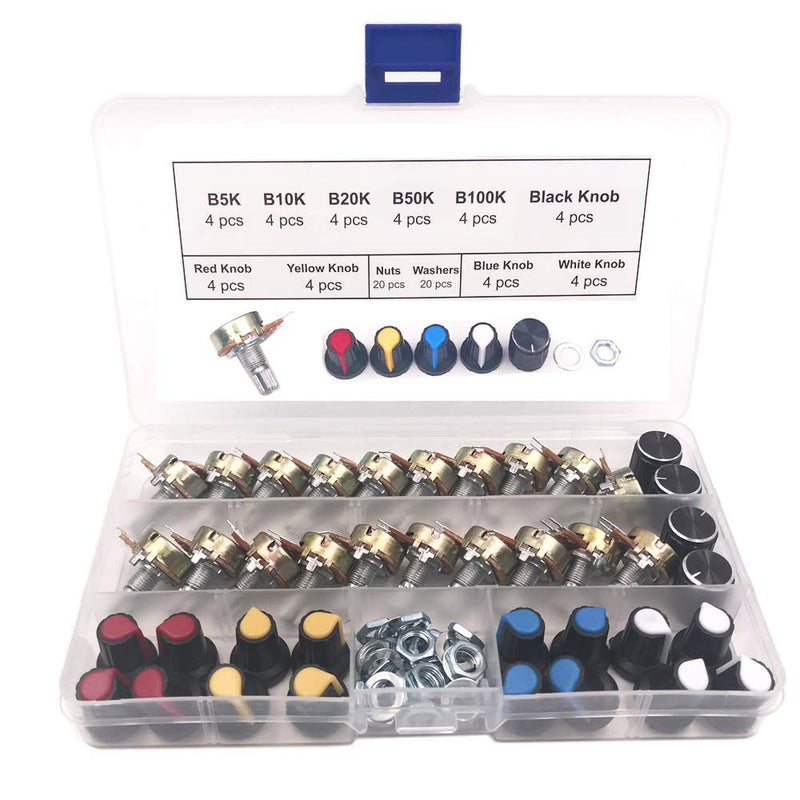 GTIWUNG Potentiometer Mono Linear B5K B10K B20K B50K B100K, 20 pieces. Single potentiometer, WH148 3-pin rotary potentiometer with nuts and washer T244