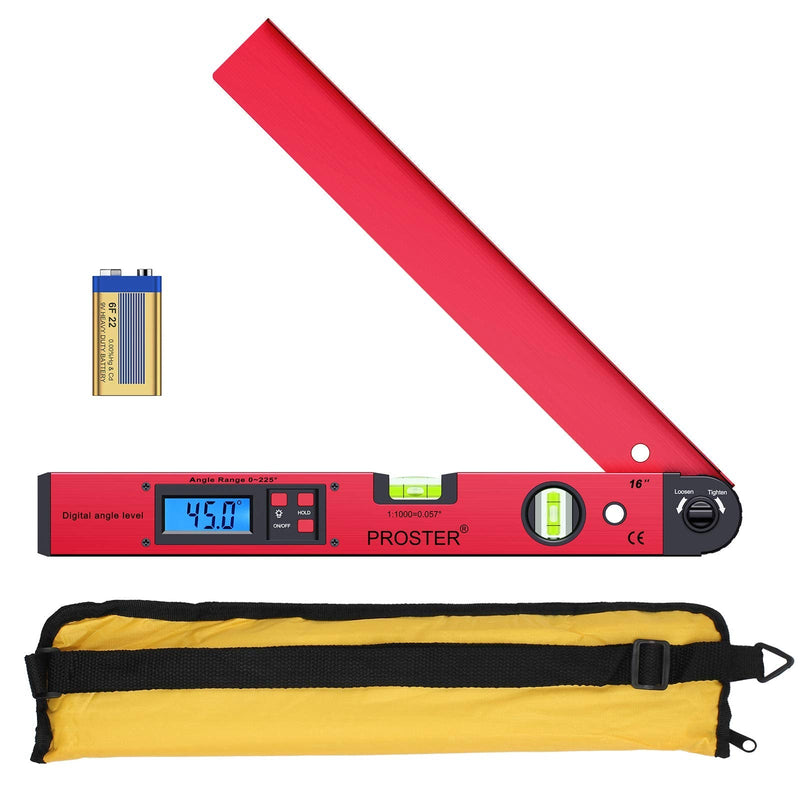 Proster Digital Protractor 0-225 ° Digital Protractor with Spirit Level and LCD Illumination 400 mm / 16 Inch Angle Measuring Device with Battery and Bag for Roofing Technology - Red Red