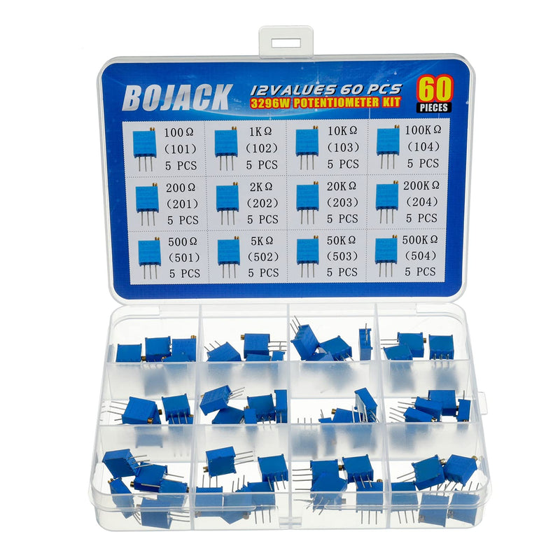 BOJACK 12 Values 60pcs 100 to 500K Ohm 3296W Multiturn Trimmer Potentiometer Assortment Pack in a Clear Plastic Box