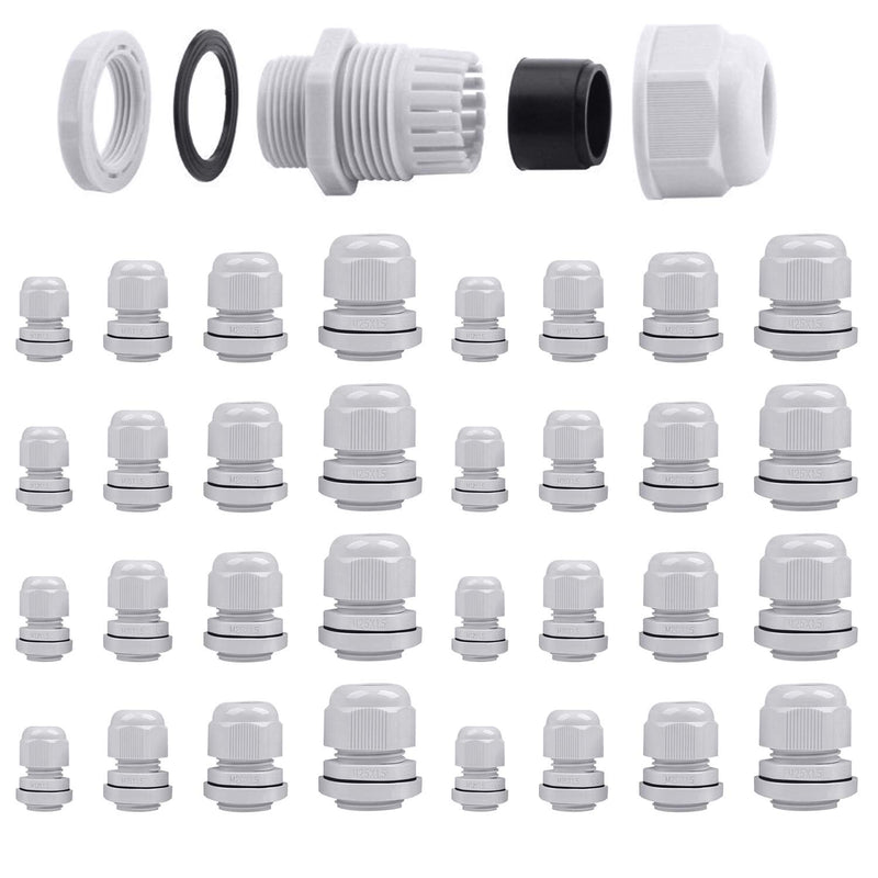 32 pieces cable gland set, ARPDJK adjustable 3-15 mm IP68 cable glands, gray cable gland, waterproof, M12, M16, M20, M25