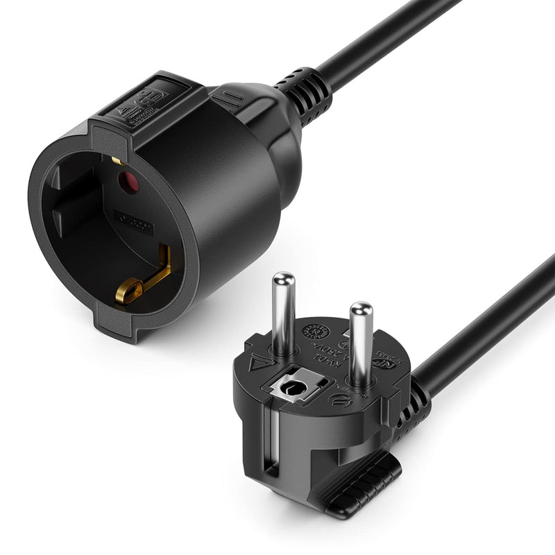 deleyCON 2m extension cable power cable power cable extension protective contact plug type F (CEE 7/4) 90° angled to socket (CEE 7/3) touch protection TV PC computer projector - black 2 M