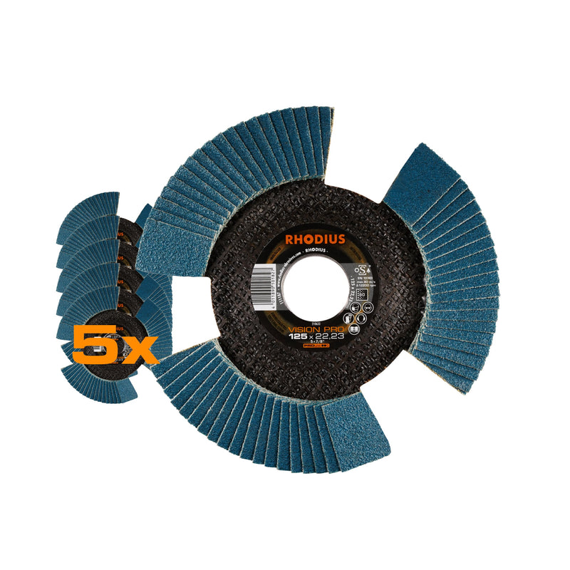 RHODIUS VISION PRO, 5 pieces Ø 125 mm K80 flap discs, transparent, made in Germany, metal stainless steel INOX, for angle grinders, grinding discs, flap discs Ø125 K80