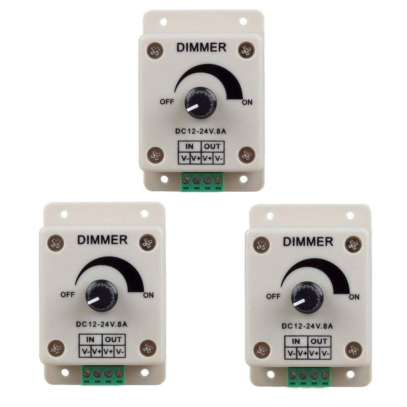 Hailege 3pcs DC12-24V 8Amp 0%-100% PWM Dimming Controller for LED Lights, Ribbon Lights,Tape Lights,Dimmer is compatible with Hilight, LEDwholesaler, fillite, and others' strips