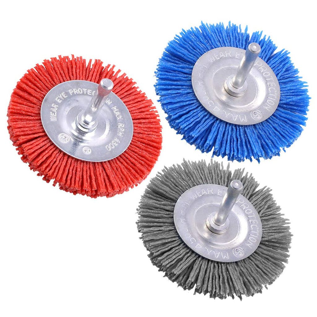 Swpeet 3 pieces 3" 75mm nylon filament abrasive wire cup brush kit with 1/4 inch shaft, including fine medium coarse grit perfect for removing rust, corrosion, S665, round wheel brush