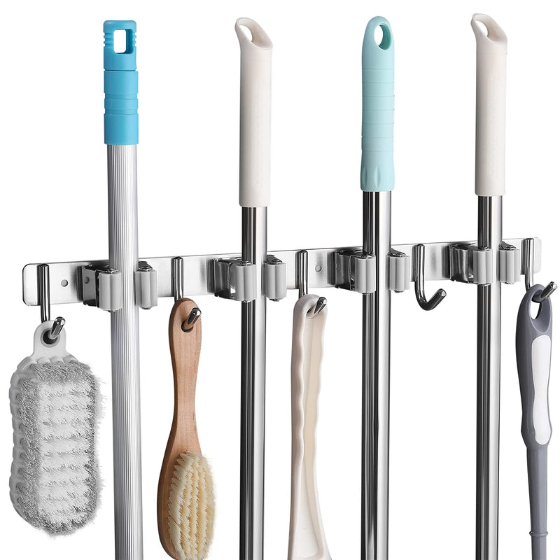 SHYOSUCCE stainless steel broom holder, broom holder wall with 4 slots and 5 hooks, device holder wall mount for kitchen, bathroom, garage and garden, gray 44cm