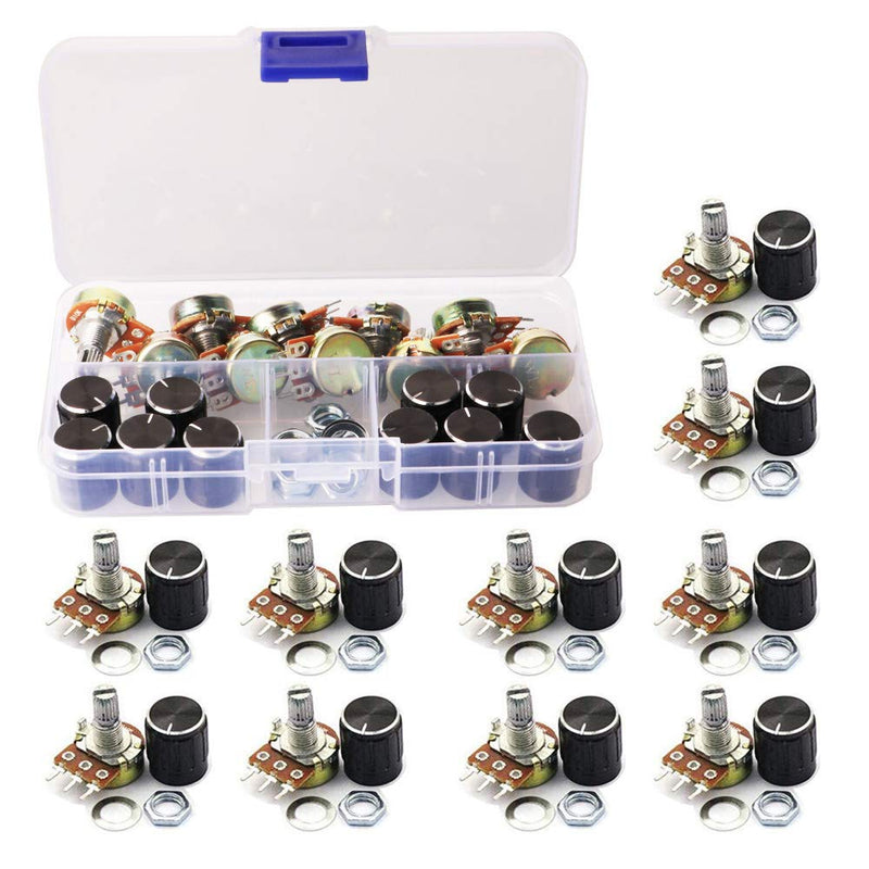 GTIWUNG 10pcs Linear Potentiometer, Potentiometer Mono Linear B10K, Single Potentiometer, WH148 3Pin Rotary Potentiometer with Nuts and Washer, Black Aluminum Alloy Rotary Knob Cap 10pcs Potentiometer B10k