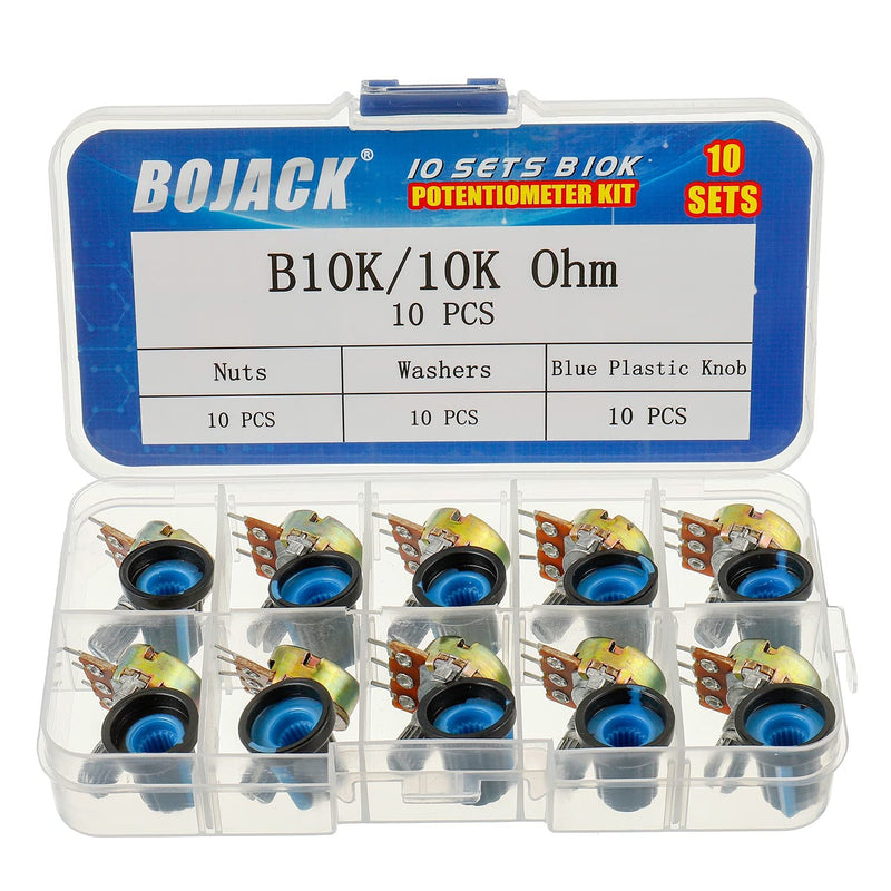 BOJACK 10 Sets B10K Knurled Shaft 3 Terminal Linear Taper Potentiometer (WH148) 10K Ohm Single-Turn Carbon Film Variable Resistors with Blue Plastic Buttons