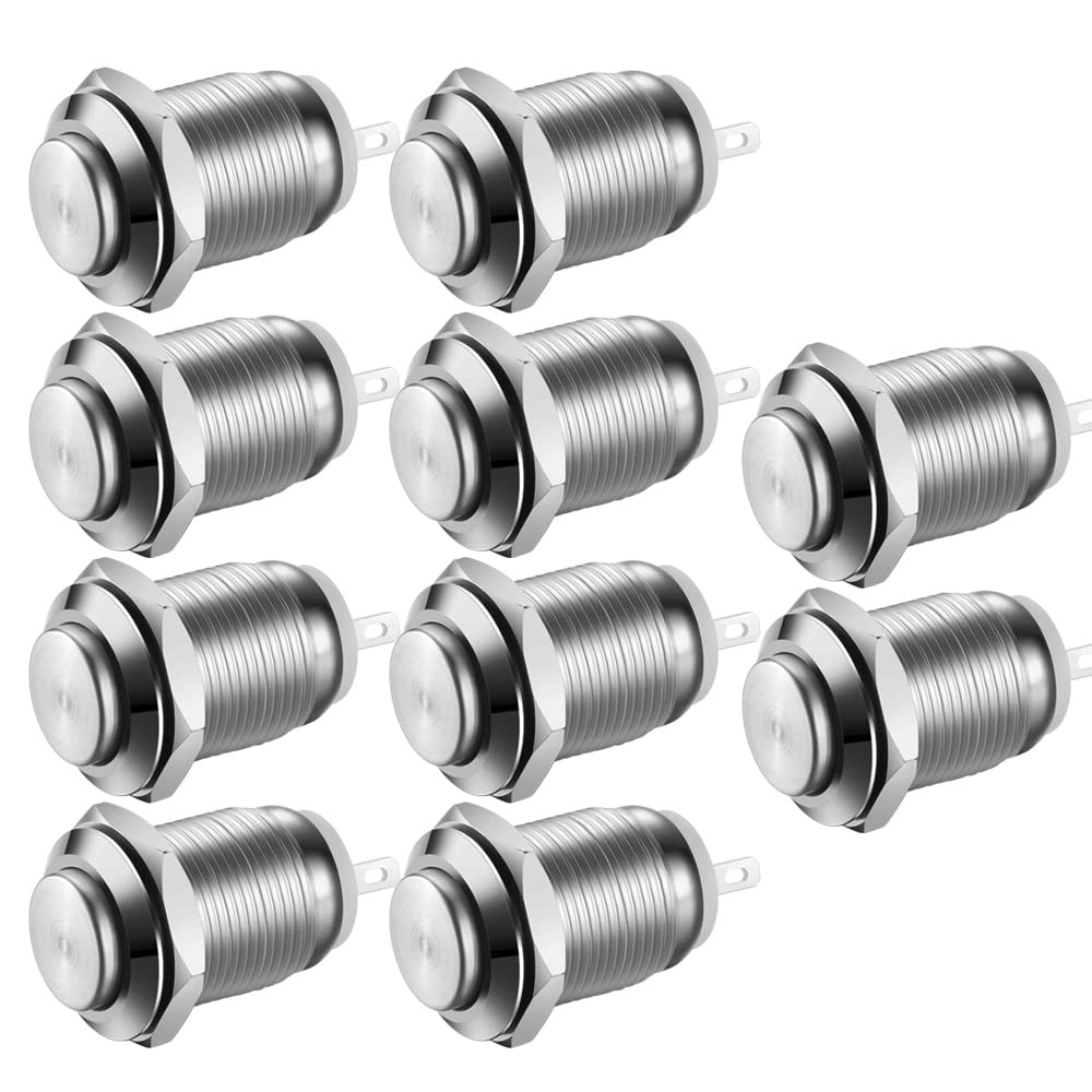 Gebildet 10 pieces waterproof push button momentary stainless steel button on off 12 mm 2A/12 V/24 V/125 V/250 V (protruding) 12 mm momentary