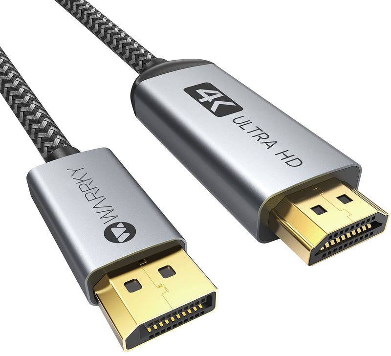 WARRKY 4K DisplayPort to HDMI Cable [Gold-Plated, Braided, Aluminum Sleeve], Unidirectional DP Source to HDMI Display Connection Cable Compatible for Laptop, PC, Monitor, TV, Projector -1.8m 1.8M 1 Pack