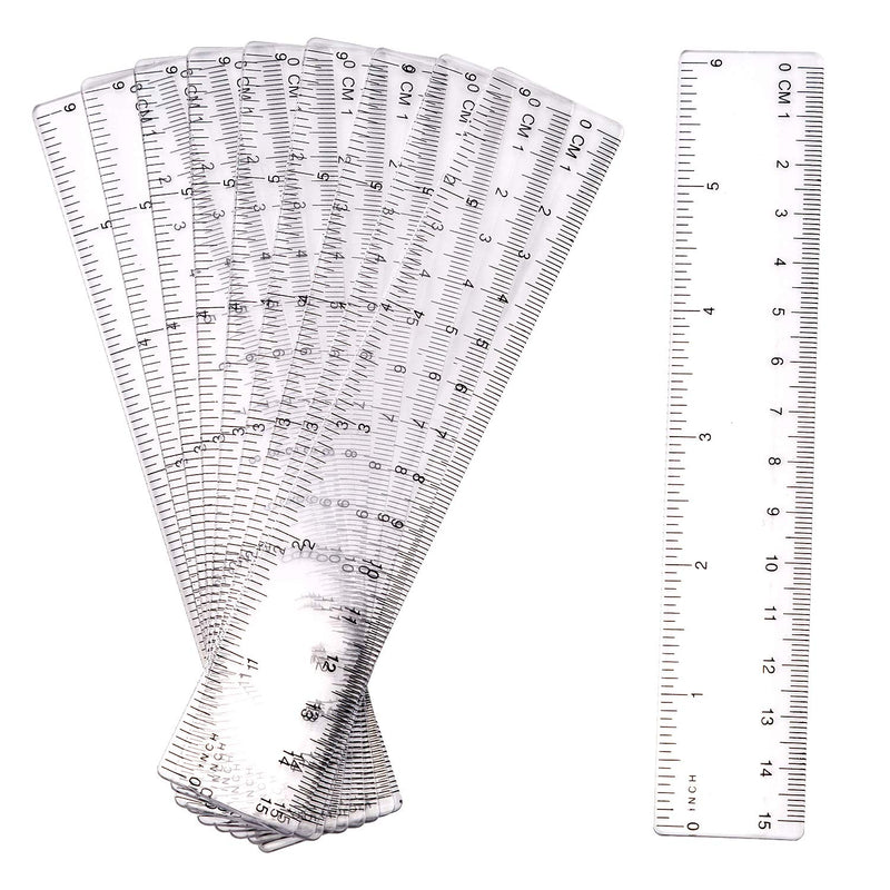 LUTER Pack of 10 15cm Ruler Plastic Ruler Transparent Ruler Measuring Device with Inch and Metric for School, Office, Home