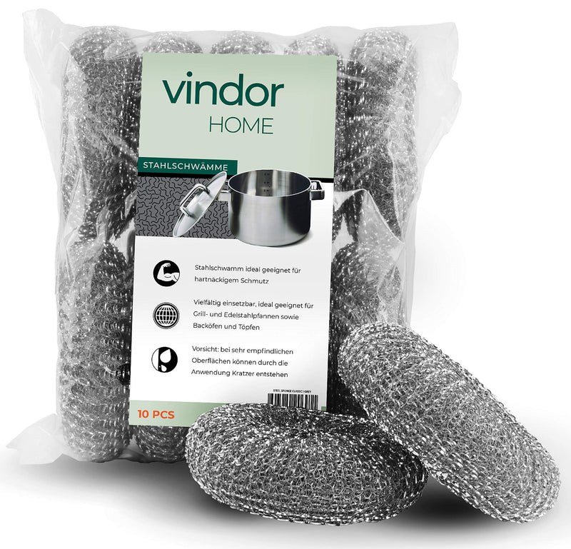 VINDOR steel sponges - cleaning sponge, scourer made of steel wool, removes stubborn dirt, 10 dishwashing sponges, grey