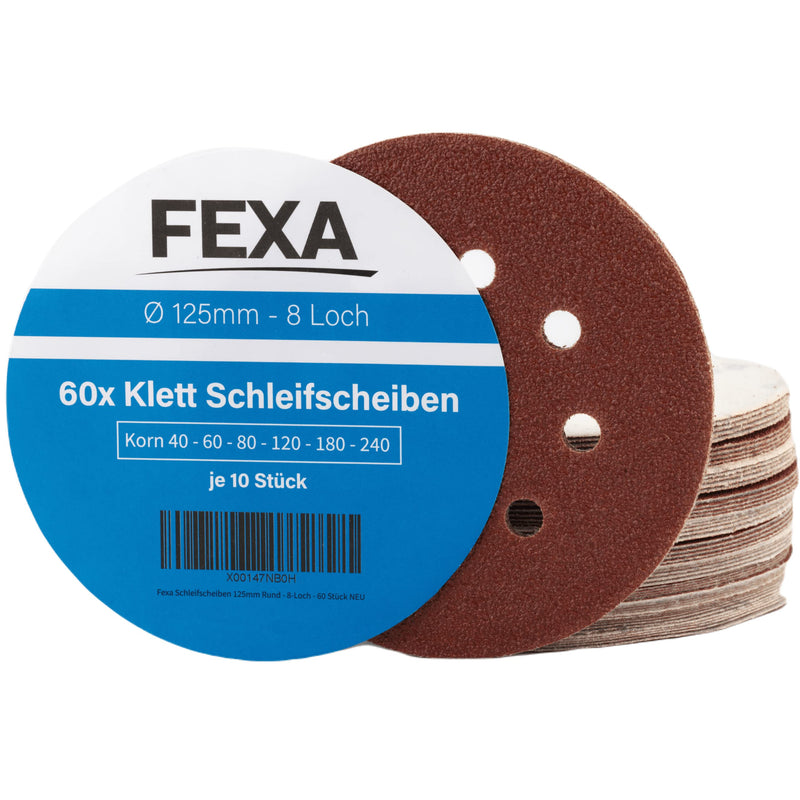 Fexa sanding discs 125mm Velcro set of 60 - Velcro sandpaper eccentric sander round - 125 mm, 40-240 grain, 8-hole - sandpaper 125mm Velcro
