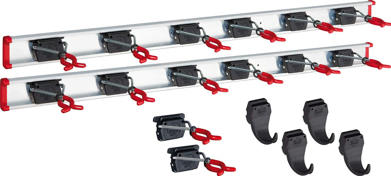 BRUNS 107869770-2_107869768-2_107869773 Aluminum tool holder set, including, 2x 1000 mm, flexible hook strip for garden tools, silver, 2 rails 1m + 14 holders + 4 hooks