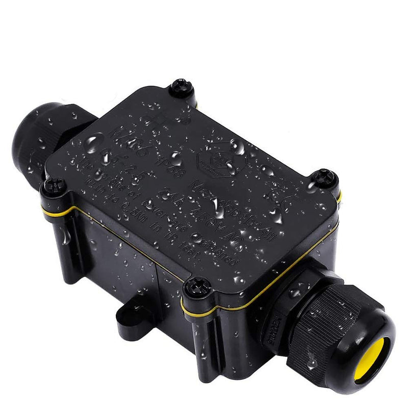 Junction box, Anicoll IP68 waterproof cable connector, larger 2-way junction box, earth cable, black electrical outdoor distribution box, M20 cable gland Ø5mm-12mm ABS + PVC, TÜV, VDE (2-way)