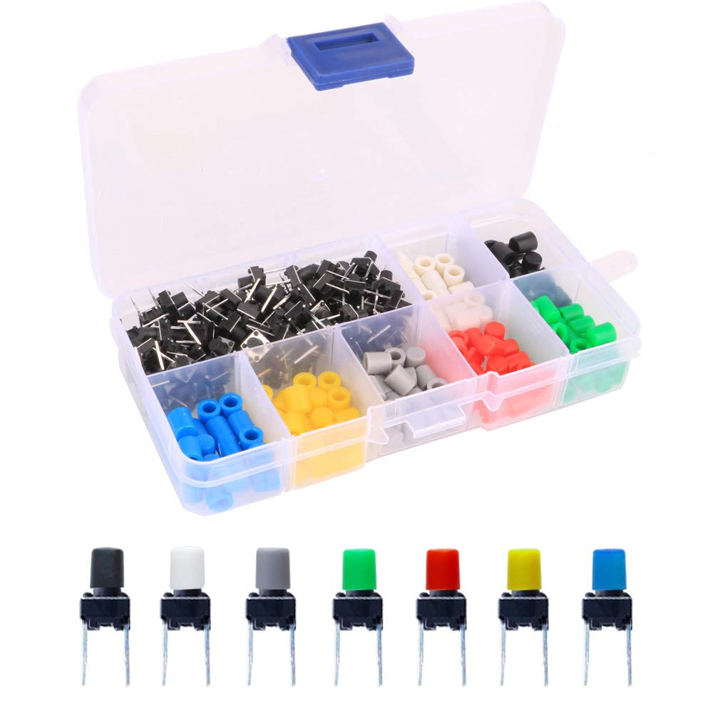 Gebildet 105 pieces 6 x 6 x 8 mm switches, momentary tact switches, tactile tact push button switch, push button with button caps of 7 colors for Arduino (each color 15 pieces) 6 x 6 x 8 mm