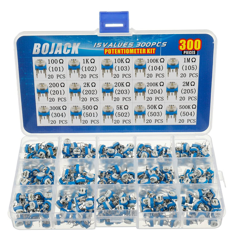 BOJACK 15 Values 300pcs 100 Ohm - 2M Ohm Variable Resistor 6mm Potentiometer Classification Suit package in a clear plastic box