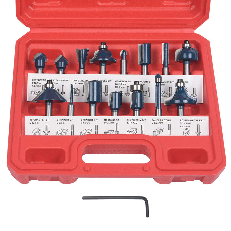 flintronic milling cutter set, 6.35 mm milling tool set, 15-piece wooden case, forged tool steel router, flush cutter, wood cutter with plastic box, floor cleaning for woodworking, blue, 15 pieces, 15 pieces, 6.35 mm