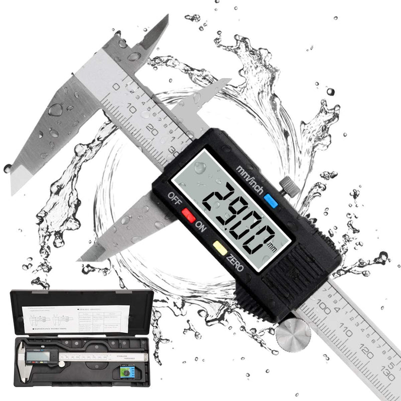 Digital Caliper, Qfun Stainless Steel Caliper Measuring Tools 150mm Splashproof Dustproof Digital Caliper with LCD Display for Household and Industrial Measuring Gauge IP54-Black