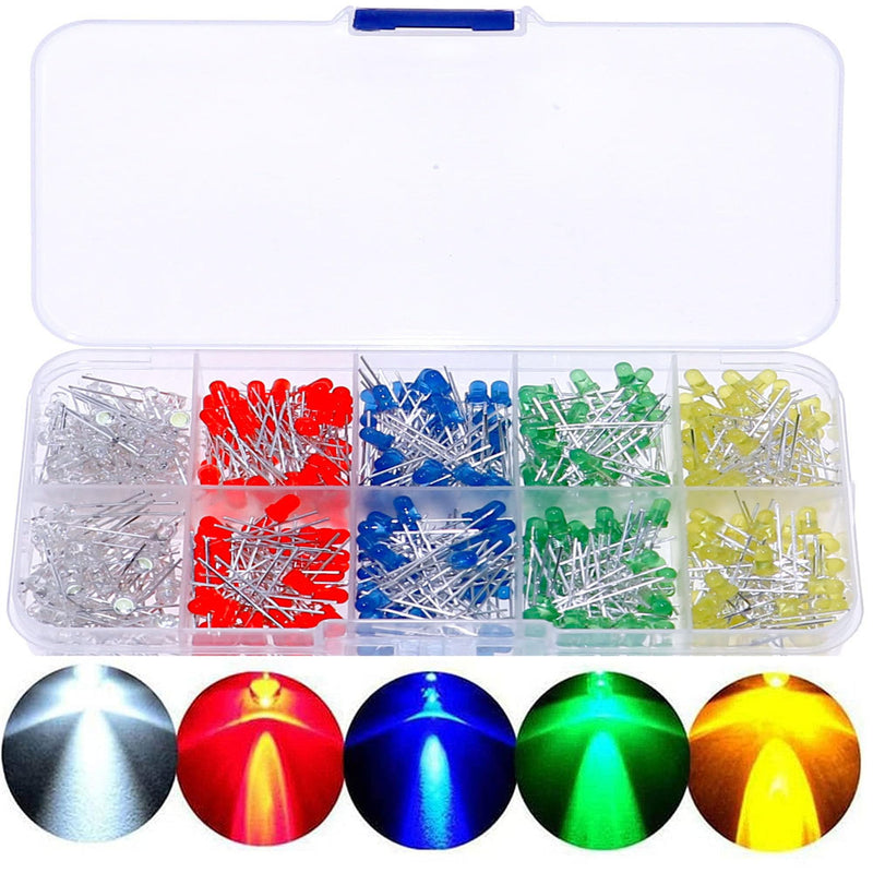 MINGZE LED light diode set, 3 mm 5 mm diodes electronic components light diodes round 2-pin electronic components with 5 colors red blue green yellow white (200 pieces)