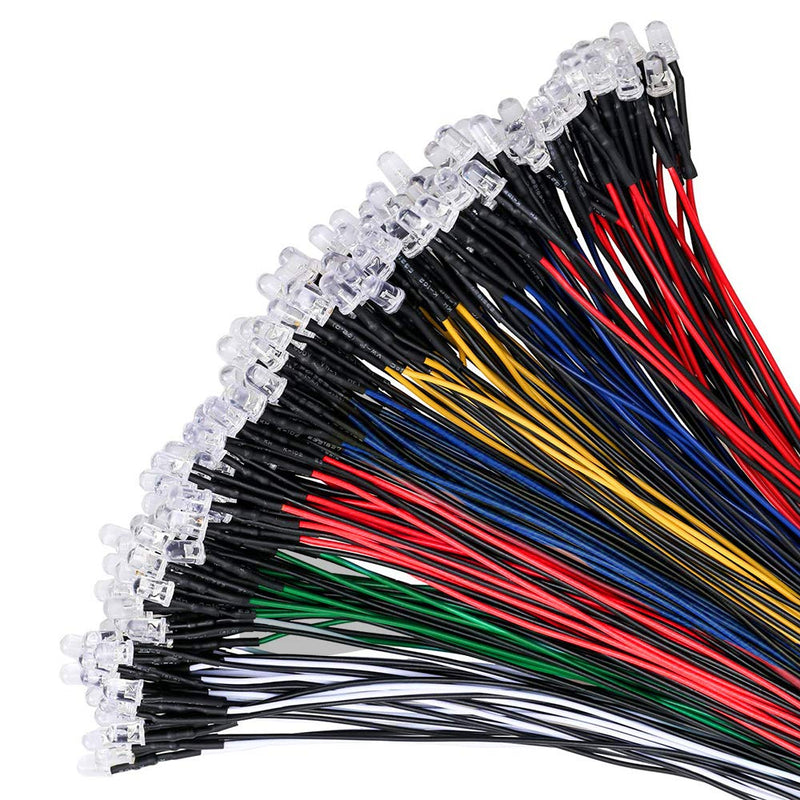 YIXISI 100 pieces pre-wired LED, diode light, 12V light, 5mm LEDs, 20cm (red, yellow, green, blue, white, 20 pieces each) multicolored - 100