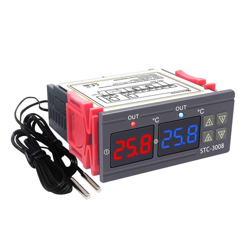 KETOTEK Digital Temperature Controller with 2 Sensors 230V 220V, STC 3008 Thermostat Temperature Switch Heating Cooling Temperature Controlled Controller Relay AC 220V Relay Output