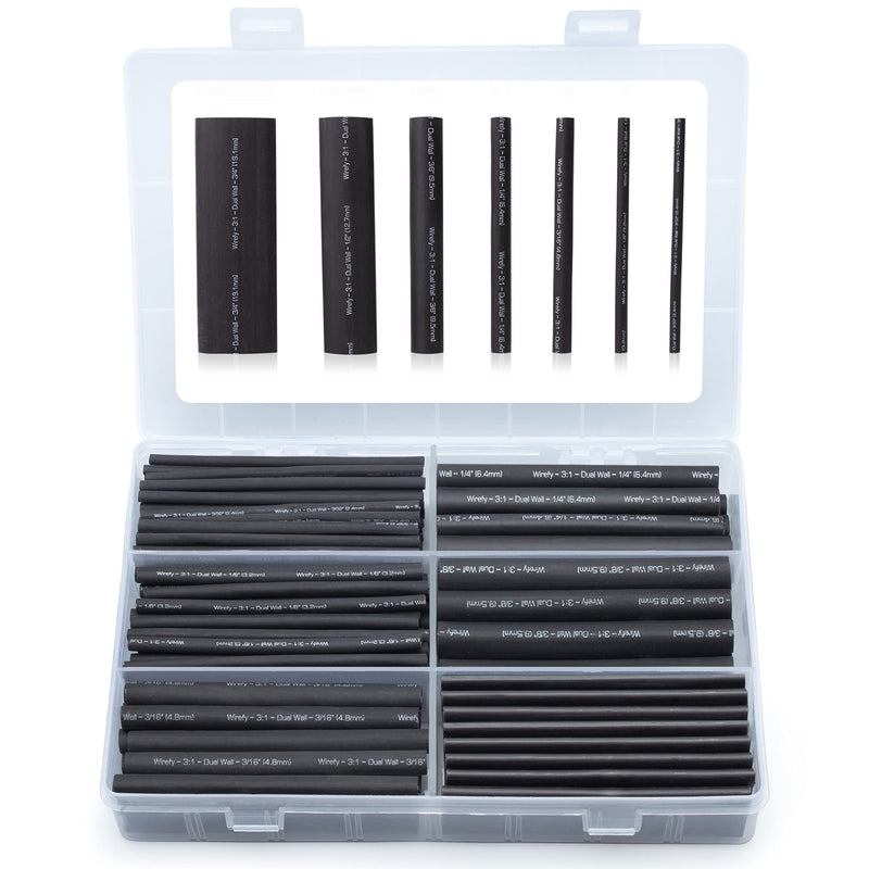 Wirefy Polymer, Heat Shrink Tube Set with Adhesive - 3:1 Shrink Ratio, Double-Walled Heat Shrink Tube Waterproof - Heat Shrink Tube Black - 180 Pieces