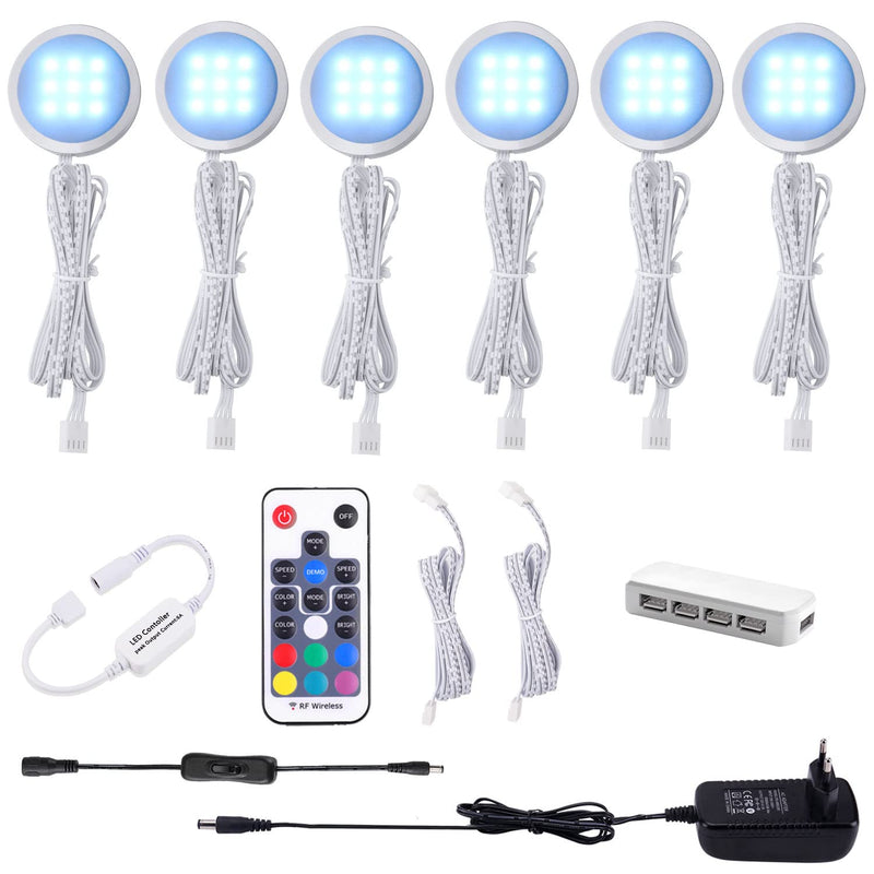 RGB LED Cabinet Lighting Set of 6, AIBOO 12V LED Under-Unit Light Color Changing with Remote Control, Dimmable RGB Display Cabinet Lighting LED for Illuminating Kitchen Cabinets Pack of 6 (Pack of 1)
