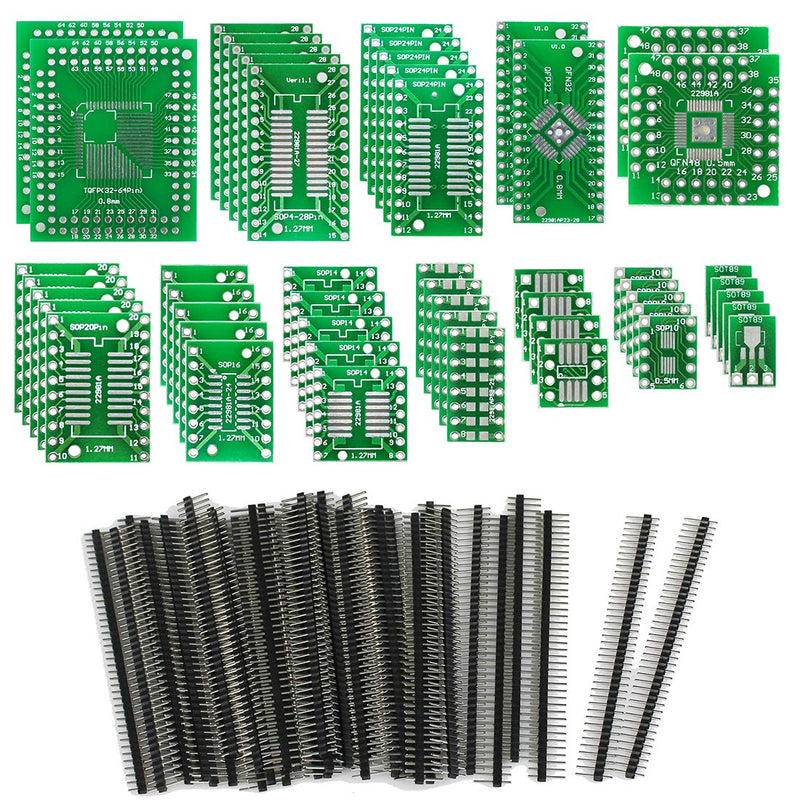 KeeYees 12 types SMD to DIP adapter board PCB prototype kit SOP8 SOP10 SOP14 SOP16 SOP20 SOP24 SOP28 0402/0603/0805 SMT SOT89/SOT223 TQFP100 QFN32 QFN44/48 with 40 pieces 2.54 mm pin header