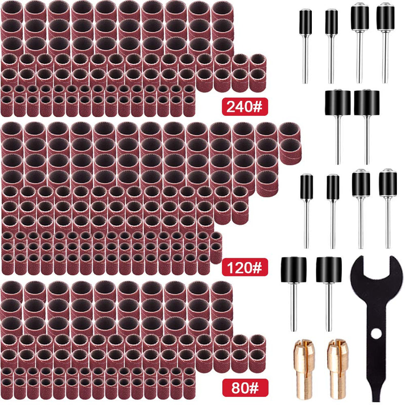 SIQUK 345 pieces sanding sleeves set with 330 pieces sanding sleeves, 12 pieces sanding roller, 2 pieces drill chuck and 1 wrench for Dremel power tools