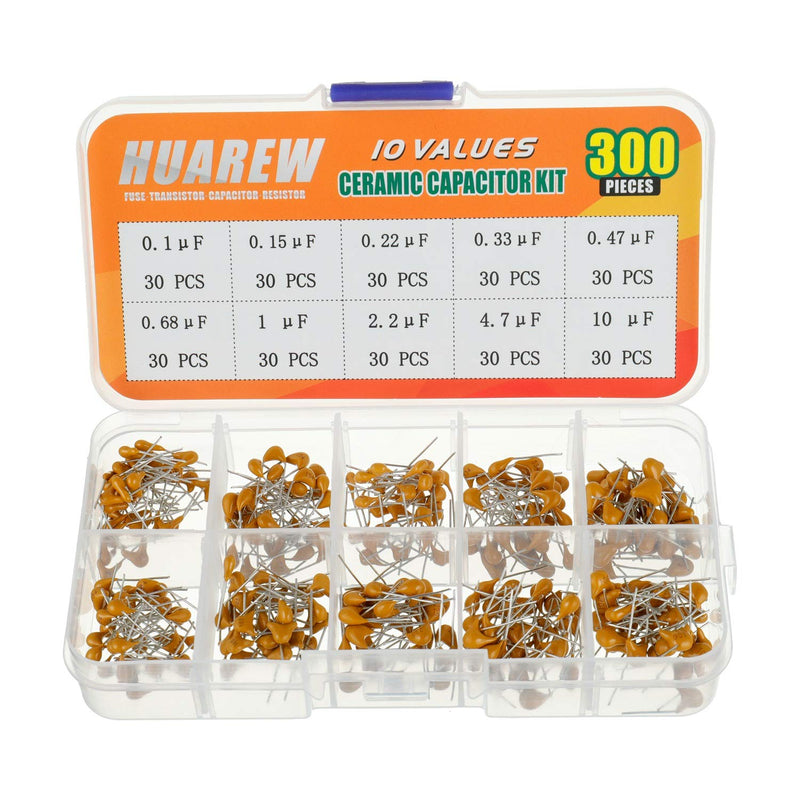 HUAREW 10 values 300 pieces ceramic capacitor 0.1 0.15 0.22 0.33 0.47 0.68 1 2.2 4.7 10 uF / 100-10000 nF classification kit