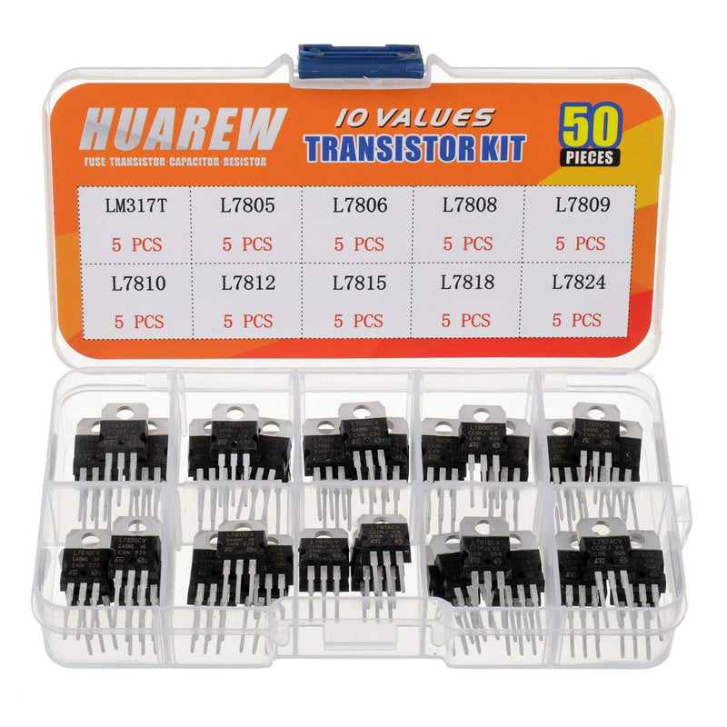 HUAREW 10 Values 50pcs Positive Fixed Voltage Regulator LM317T L7805 L7806 L7808 L7809 L7810 L7812 L7815 L7818 L7824 TO-220 Package IC Classification Kit