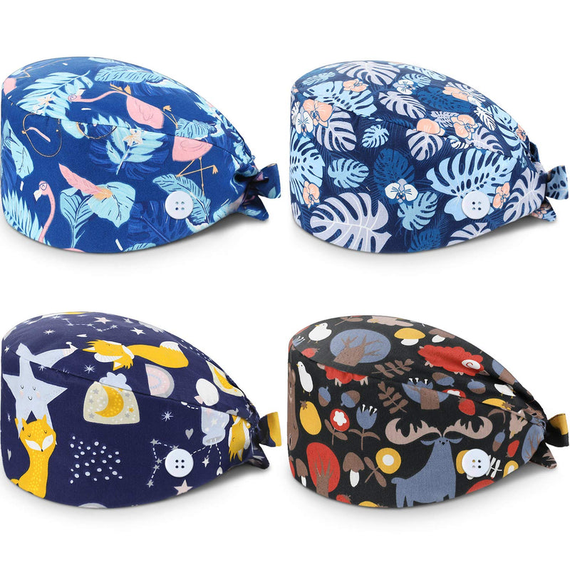 SATINIOR 4 Pack Scrubbing Cap Printed Full Turban Hat Adjustable Full Hair Cover Unisex Doctor Cap with Sweatband for Beauty Worker Personal Care Needs