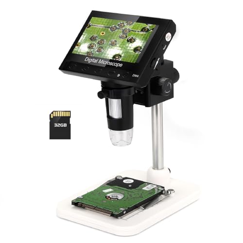 WADEO 4.3 Inch LCD Digital Microscope 1000x Including 32GB Card, Portable Microscope USB Digital Microscope with 8 Adjustable LEDs and Metal Stand, MacOS Windows Compatible 4.3 inches