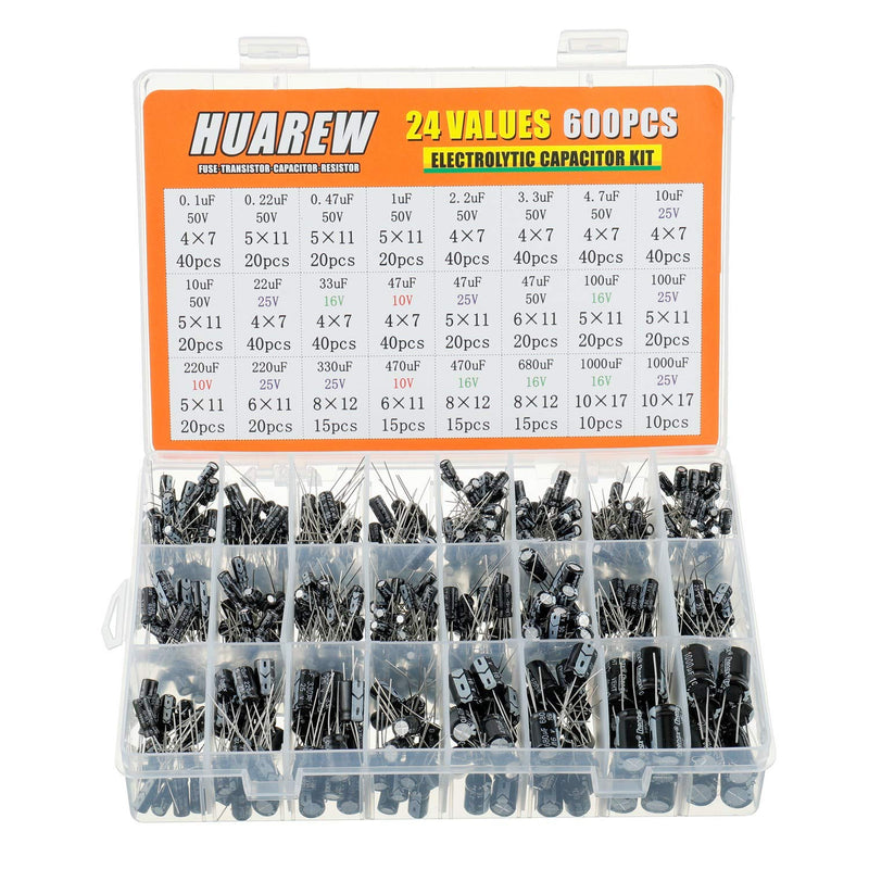 HUAREW 24 Values 600pcs 0.1uF to 1000uF MFD 10 16 25 50V Volt Aluminum Electrolytic Capacitor Classification Kit